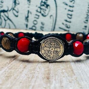Black and Red Beaded Bracelet with Saint Benedict